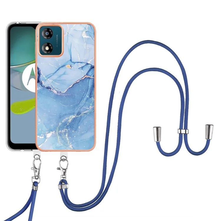 YB IMD Series-18 Style E for Motorola Moto E13 4G Marble Pattern Phone Case 2.0mm TPU Shockproof Cover with Lanyard - Blue