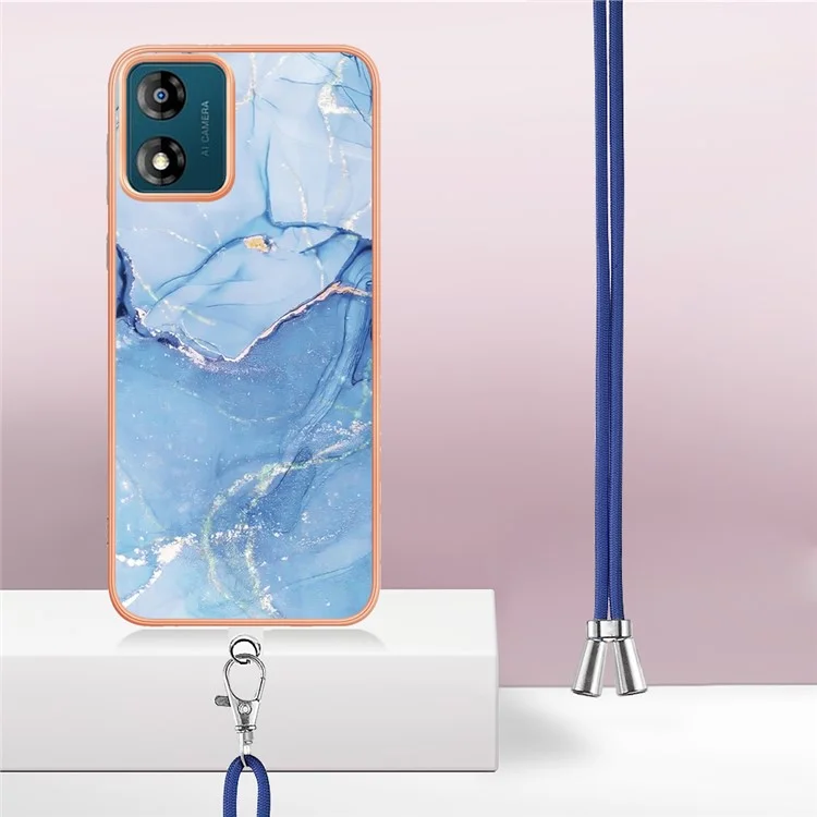 YB IMD Series-18 Style E for Motorola Moto E13 4G Marble Pattern Phone Case 2.0mm TPU Shockproof Cover with Lanyard - Blue