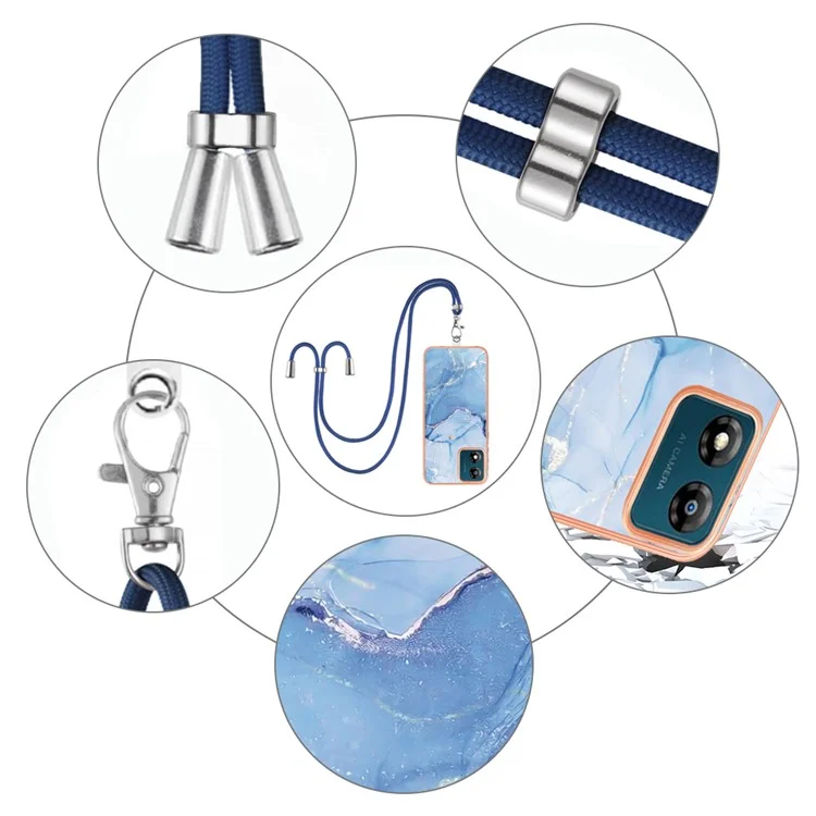 YB IMD Series-18 Style E for Motorola Moto E13 4G Marble Pattern Phone Case 2.0mm TPU Shockproof Cover with Lanyard - Blue
