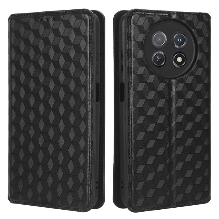 Ständer-Hülle für Huawei nova Y91 4G / Enjoy 60X Rhombus-Prägung Shell PU Leder Handyhülle - Schwarz