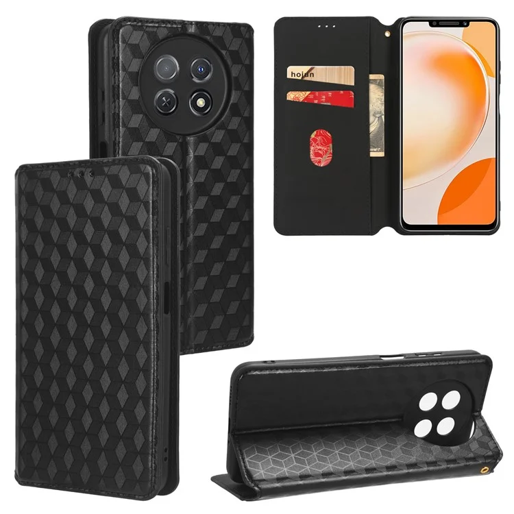 Ständer-Hülle für Huawei nova Y91 4G / Enjoy 60X Rhombus-Prägung Shell PU Leder Handyhülle - Schwarz