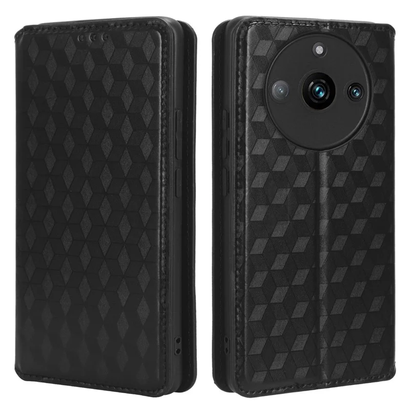 Rhombus Imprinted Shell for Realme 11 Pro 5G / 11 Pro+ 5G PU Leather Phone Cover Stand Case - Black