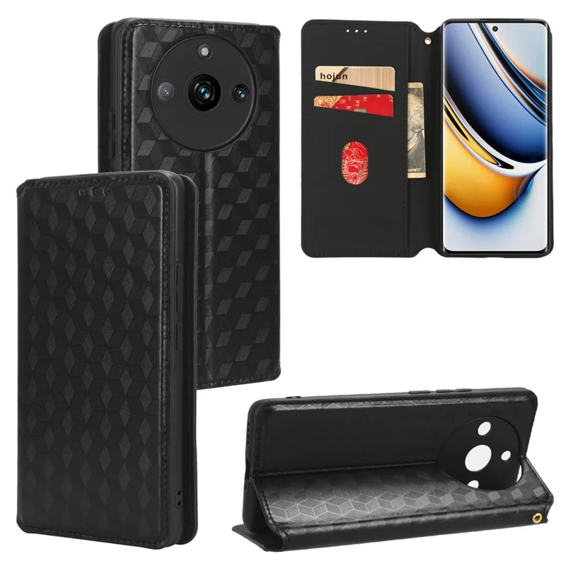 Rhombus Imprinted Shell for Realme 11 Pro 5G / 11 Pro+ 5G PU Leather Phone Cover Stand Case - Black