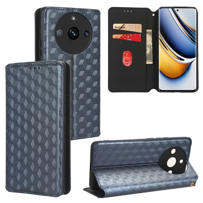 Rhombus Imprinted Shell for Realme 11 Pro 5G / 11 Pro+ 5G PU Leather Phone Cover Stand Case - Blue