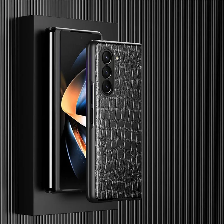 Pour Samsung Galaxy Z Fold5 5G Crocodile Texture Folding Phone Case PU Leather Coated PC Cover - Noir