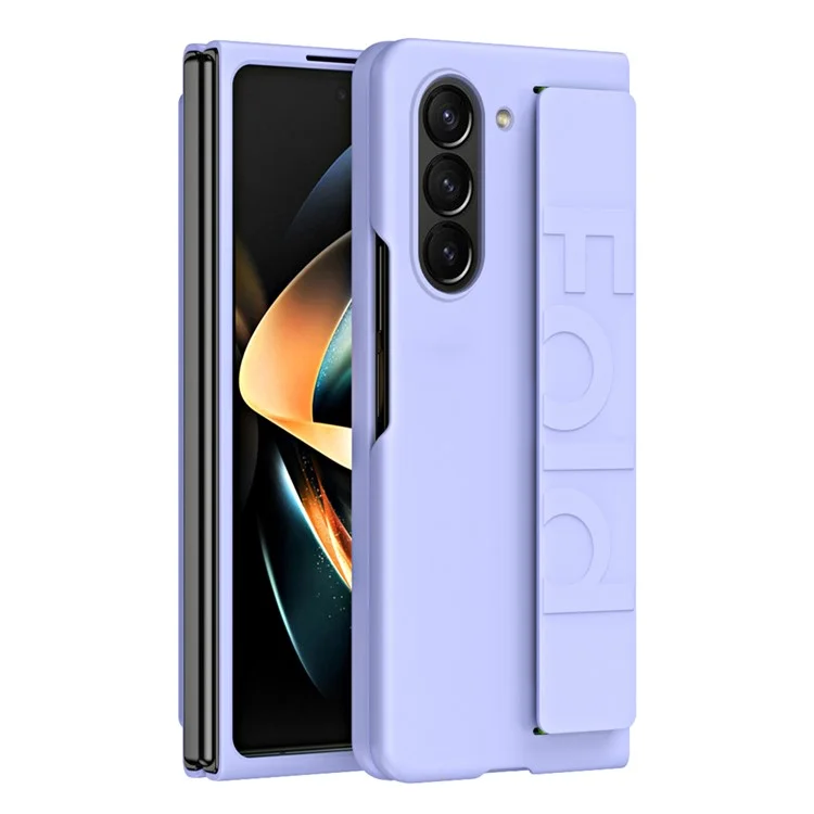 Etui pour téléphone portable avec sangle de poignet pour Samsung Galaxy Z Fold5 5G, coque de protection en PC avec revêtement antiraye - Violet