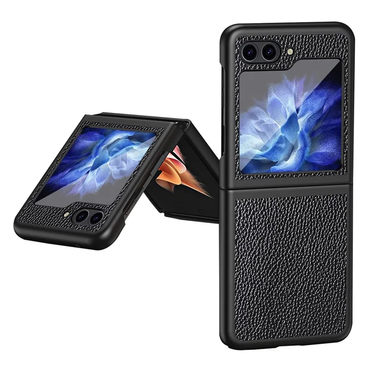 Para Samsung Galaxy Z Flip5 5G Funda de teléfono con revestimiento de piel sintética PC Textura de litchi Funda protectora - Negro