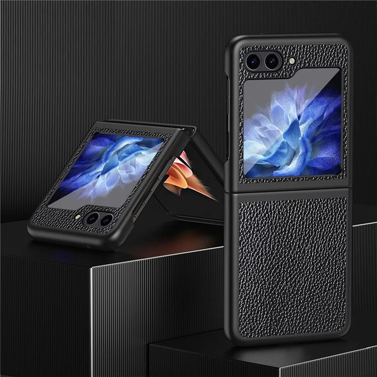 Para Samsung Galaxy Z Flip5 5G Funda de teléfono con revestimiento de piel sintética PC Textura de litchi Funda protectora - Negro