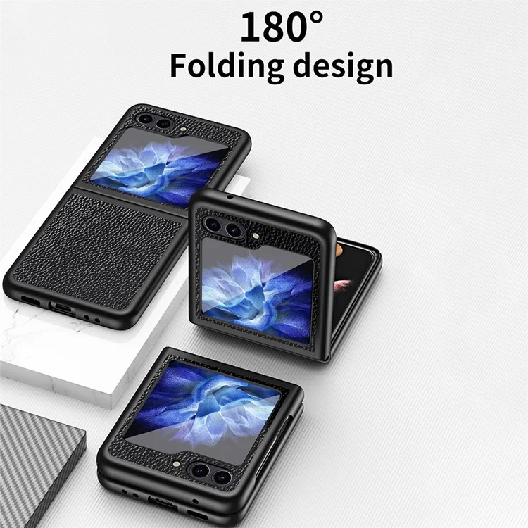 Para Samsung Galaxy Z Flip5 5G Funda de teléfono con revestimiento de piel sintética PC Textura de litchi Funda protectora - Negro