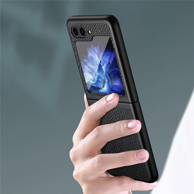 Para Samsung Galaxy Z Flip5 5G Funda de teléfono con revestimiento de piel sintética PC Textura de litchi Funda protectora - Negro