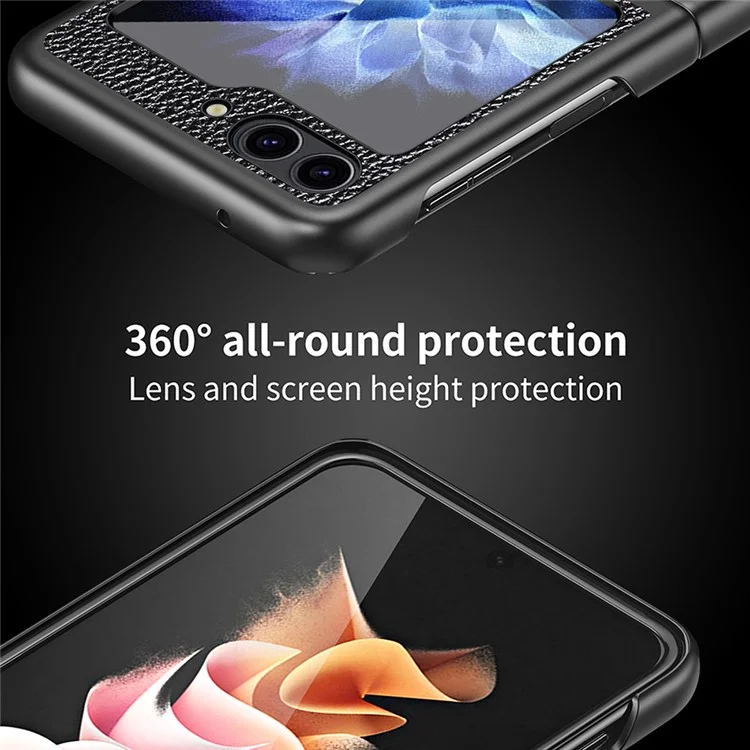 Para Samsung Galaxy Z Flip5 5G Funda de teléfono con revestimiento de piel sintética PC Textura de litchi Funda protectora - Negro