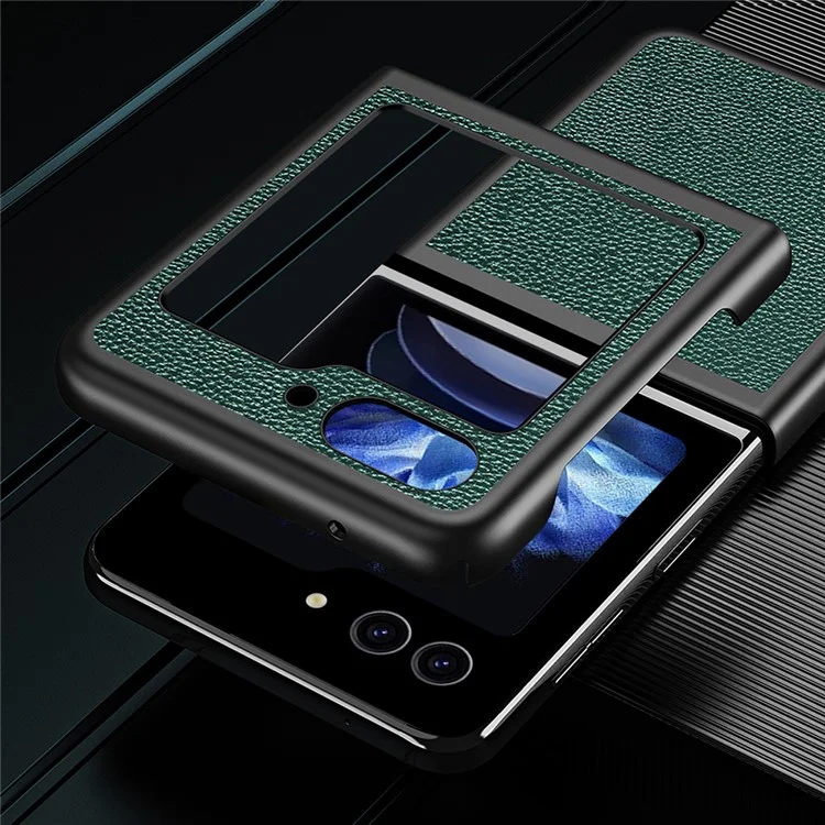 Para Samsung Galaxy Z Flip5 5G Funda de teléfono con revestimiento de piel sintética PC Textura de litchi Funda protectora - Negro