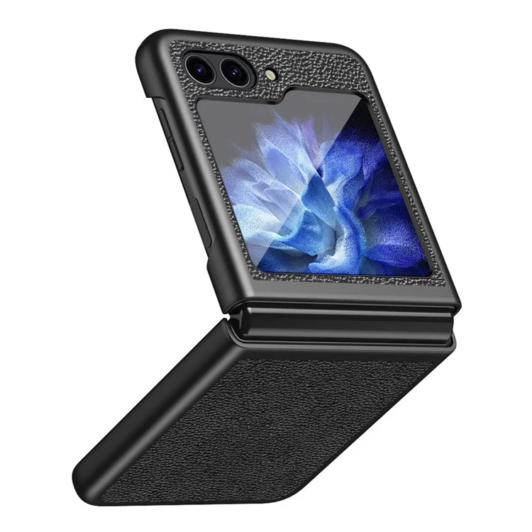 Para Samsung Galaxy Z Flip5 5G Funda de teléfono con revestimiento de piel sintética PC Textura de litchi Funda protectora - Negro