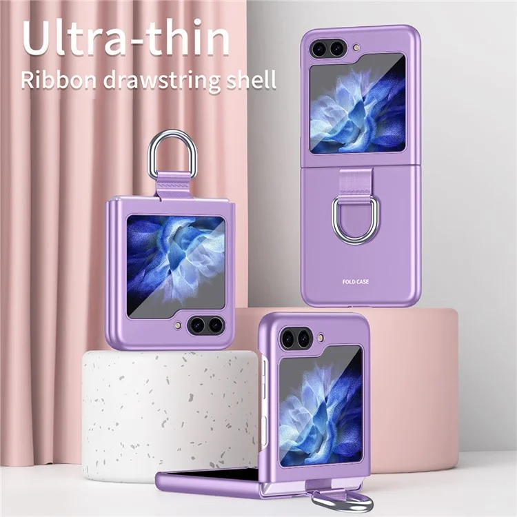 For Samsung Galaxy Z Flip5 5G Hard PC Phone Case Ribbon Metal Ring Holder Anti-scratch Phone Cover - Purple