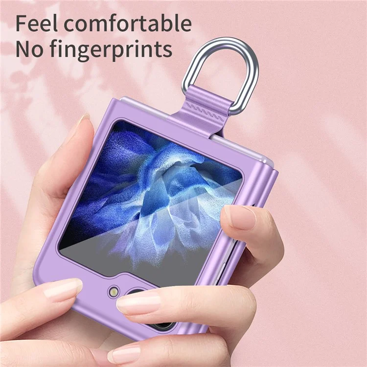 Para Samsung Galaxy Z Flip5 5G Capa de Telefone Rígida de PC Fita Suporte de Anel de Metal Anti-Arranhões Capa do Telefone - Roxo