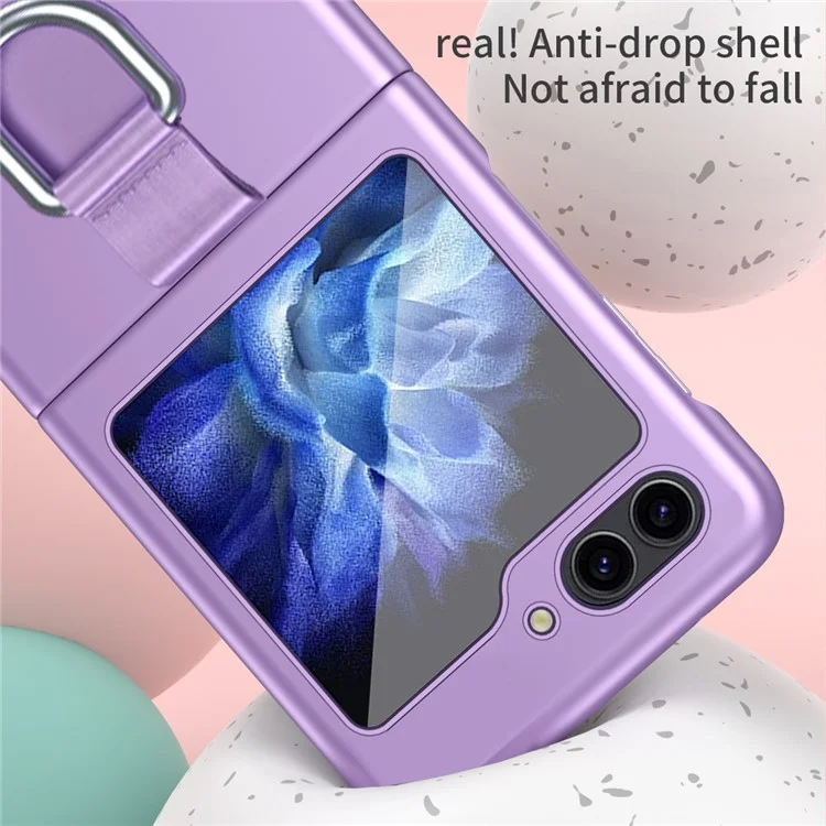 Para Samsung Galaxy Z Flip5 5G Capa de Telefone Rígida de PC Fita Suporte de Anel de Metal Anti-Arranhões Capa do Telefone - Roxo