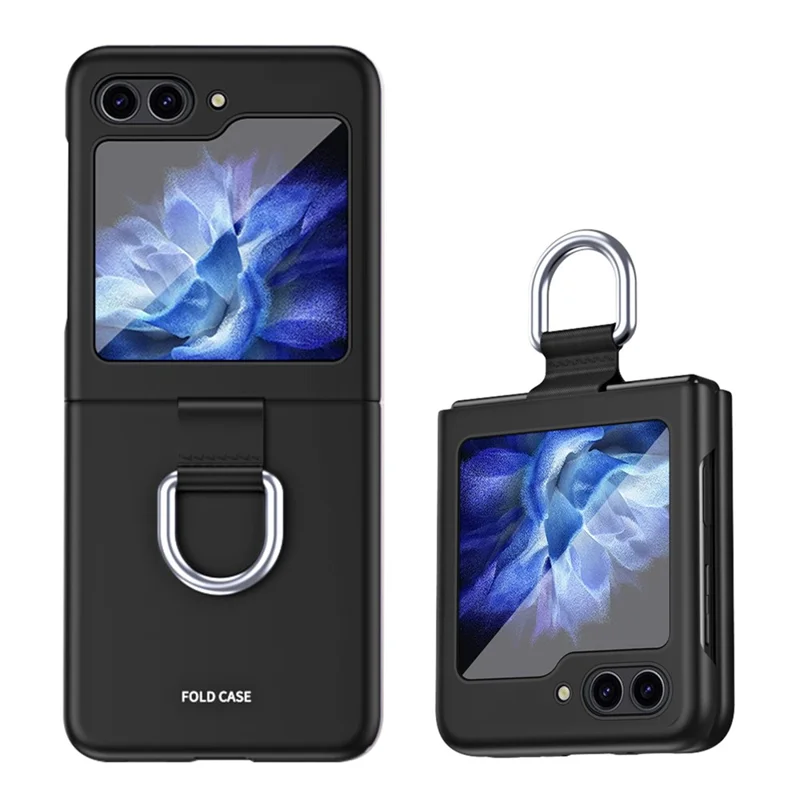 Para Samsung Galaxy Z Flip5 5G Capa de Telefone Rígida em PC Fita Suporte de Anel de Metal Anti-Arranhões Capa de Telefone - Preto
