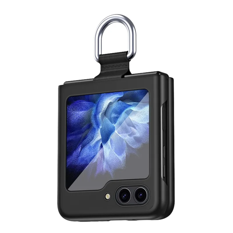 Para Samsung Galaxy Z Flip5 5G Capa de Telefone Rígida em PC Fita Suporte de Anel de Metal Anti-Arranhões Capa de Telefone - Preto