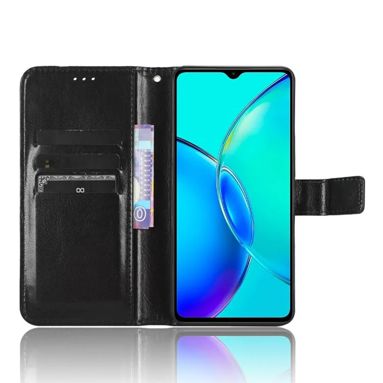 Для Vivo Y35+ 5G / Y35m+ 5G / Y27 4G Crazy Horse Texture Phone Stand Case PU Leather Anti-drop Wallet Cover - Черный