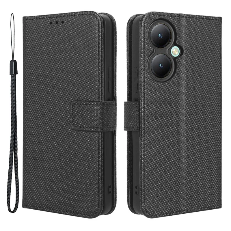 For vivo Y35+ 5G / Y35m+ 5G / Y27 4G PU Leather Wallet Phone Case Stand Diamond Texture Phone Cover - Black