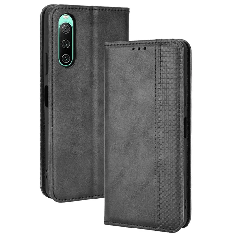 For Sony Xperia 10 V Retro PU Leather Phone Case Stand Wallet Magnetic Closure Phone Cover - Black