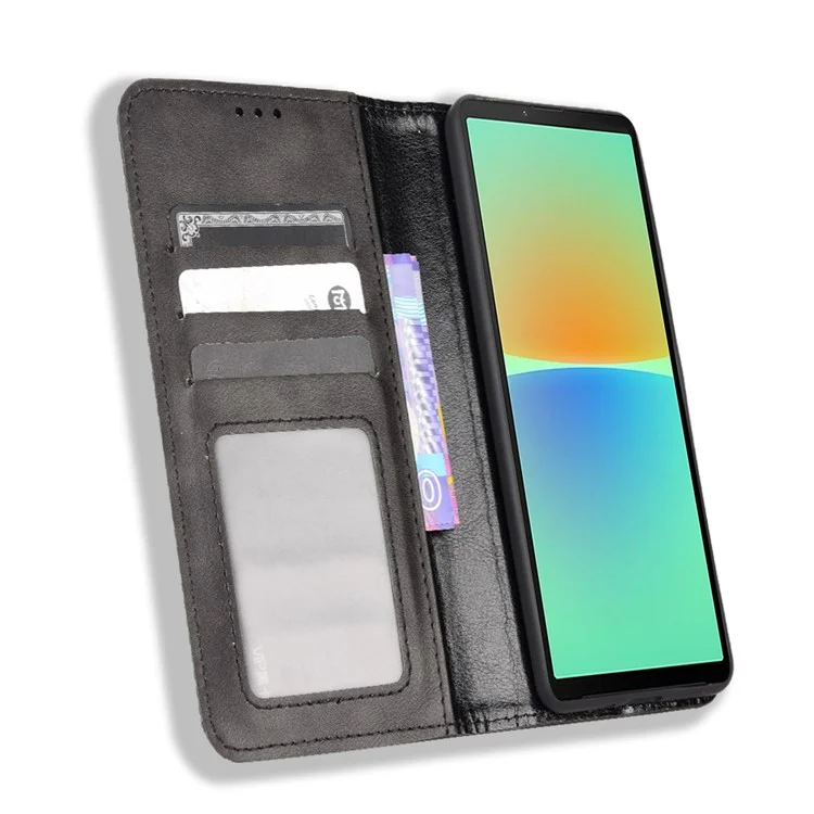 For Sony Xperia 10 V Retro PU Leather Phone Case Stand Wallet Magnetic Closure Phone Cover - Black
