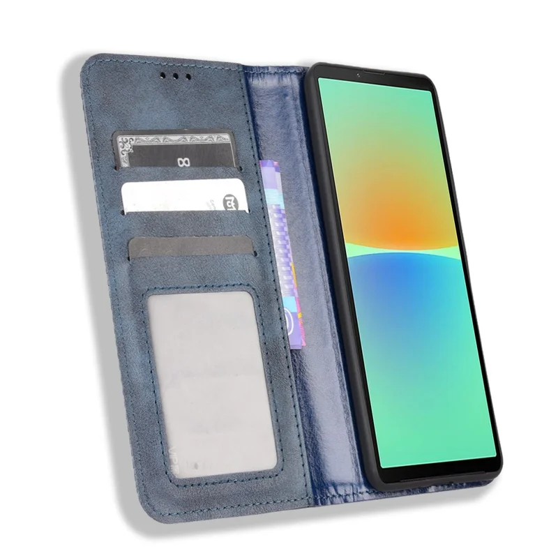 For Sony Xperia 10 V Retro PU Leather Phone Case Stand Wallet Magnetic Closure Phone Cover - Blue