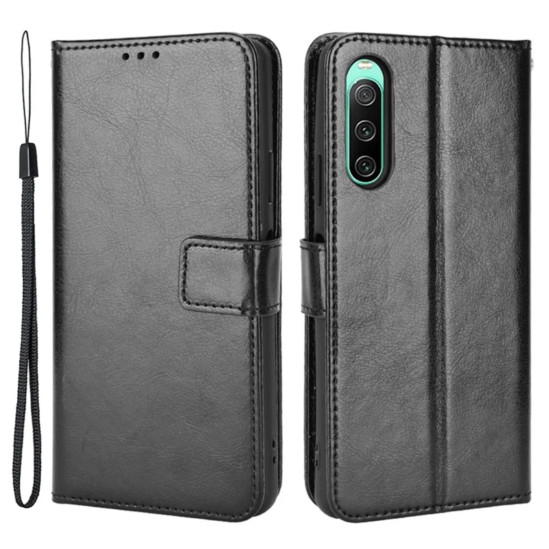For Sony Xperia 10 V Full Protection PU Leather Phone Case Crazy Horse Texture Stand Wallet Cover - Black