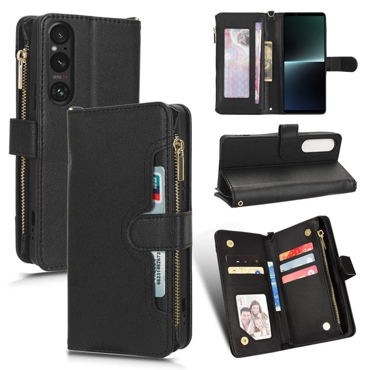 Para Sony Xperia 1 V Estuche de Teléfono Móvil de Piel PU con Bolsillo con Cremallera, Cartera, Soporte - Negro