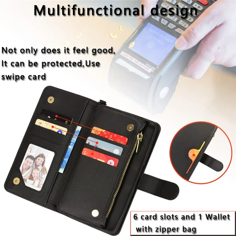Para Sony Xperia 1 V Estuche de Teléfono Móvil de Piel PU con Bolsillo con Cremallera, Cartera, Soporte - Negro