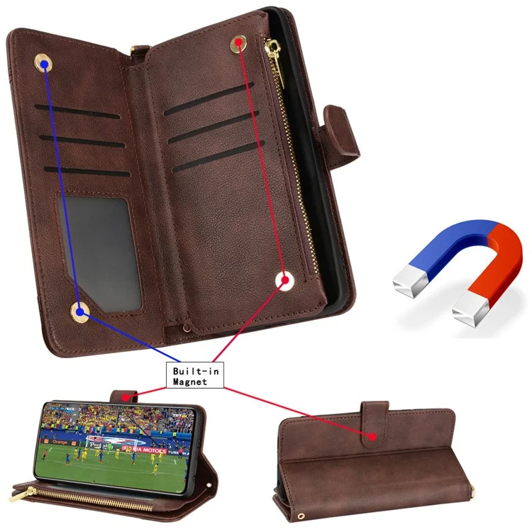 Para Sony Xperia 1 V Estuche de Teléfono Móvil de Piel PU con Bolsillo con Cremallera, Cartera, Soporte - Negro