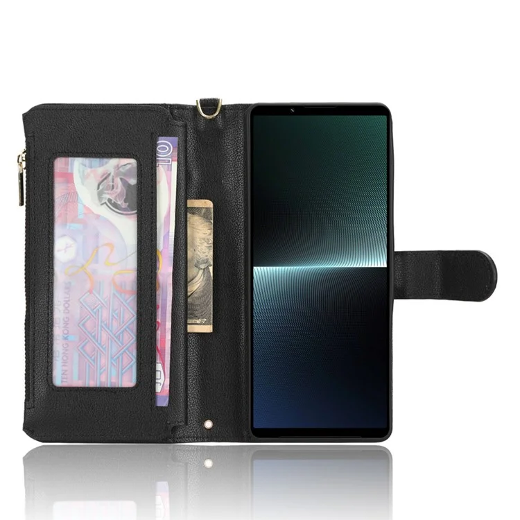Para Sony Xperia 1 V Estuche de Teléfono Móvil de Piel PU con Bolsillo con Cremallera, Cartera, Soporte - Negro