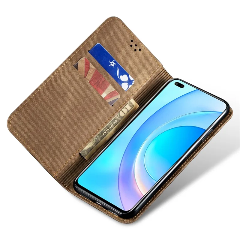 Til Honor 90 Pro PU-lædermappeetui med jeansstoftekstur, fuld beskyttelse, stander til telefon - Khaki