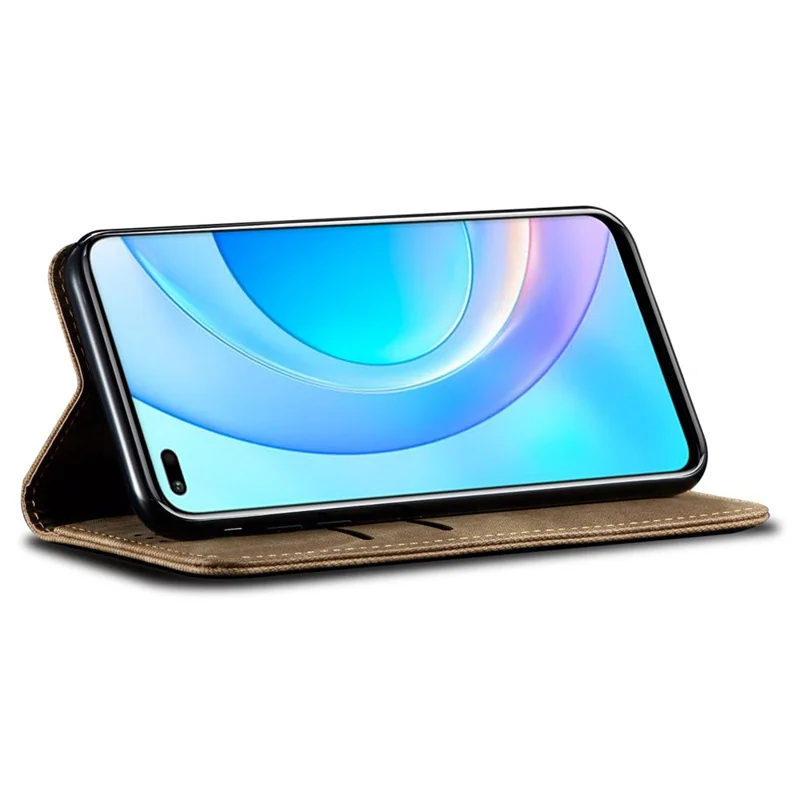 Til Honor 90 Pro PU-lædermappeetui med jeansstoftekstur, fuld beskyttelse, stander til telefon - Khaki