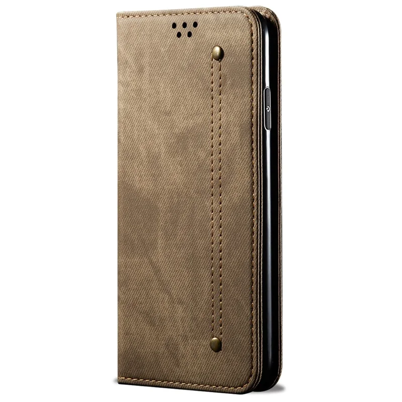Til Honor 90 Pro PU-lædermappeetui med jeansstoftekstur, fuld beskyttelse, stander til telefon - Khaki