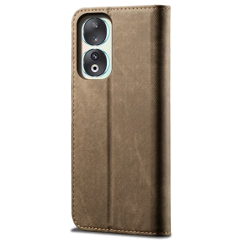 Til Honor 90 Pro PU-lædermappeetui med jeansstoftekstur, fuld beskyttelse, stander til telefon - Khaki