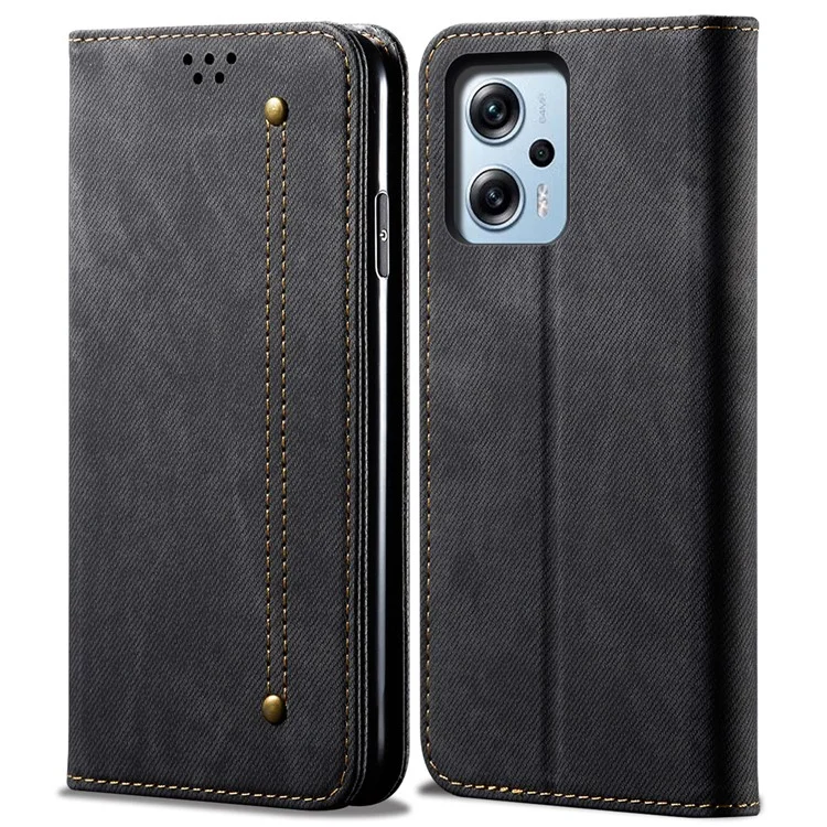 Étui portefeuille pour Xiaomi Redmi Note 11T Pro 5G / Note 11T Pro+ 5G / K50i 5G / Note 12T Pro 5G / Poco X4 GT 5G, texture en denim en cuir PU - Noir