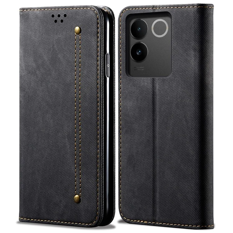 Für vivo S17e 5G PU-Leder Jeans Cloth Texture Case Stand Flip Wallet Phone Cover - Schwarz