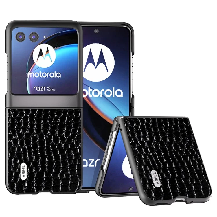 ABEEL Per Motorola Razr 40 Ultra 5G Custodia Slim in Vera Pelle di Coccodrillo + Copertura Protettiva PC per Telefono - Nero