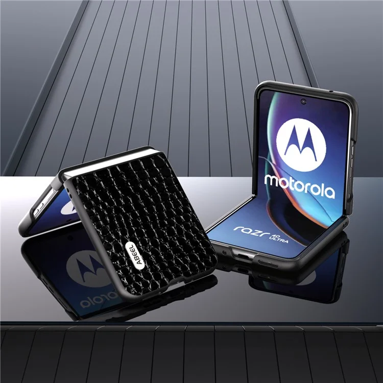 ABEEL Per Motorola Razr 40 Ultra 5G Custodia Slim in Vera Pelle di Coccodrillo + Copertura Protettiva PC per Telefono - Nero