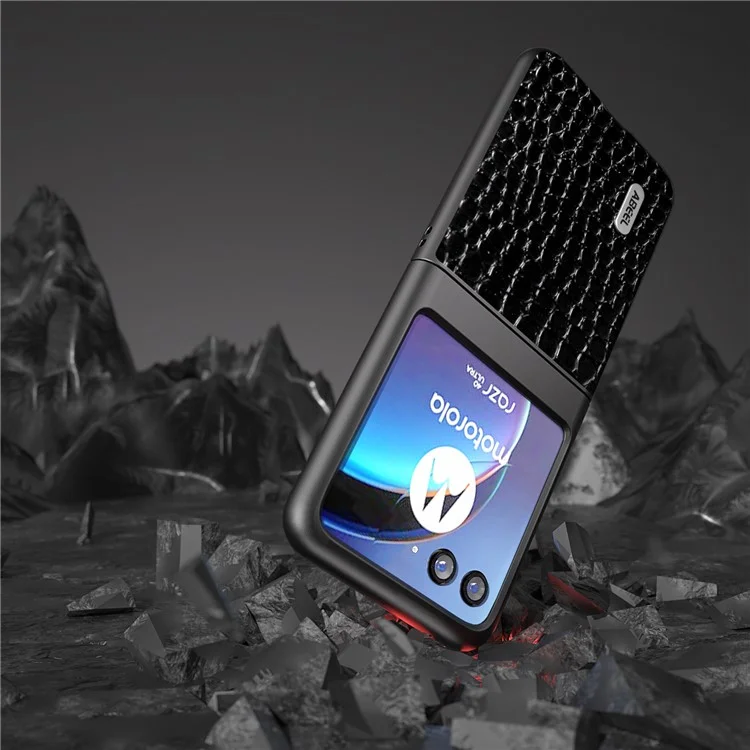 ABEEL Per Motorola Razr 40 Ultra 5G Custodia Slim in Vera Pelle di Coccodrillo + Copertura Protettiva PC per Telefono - Nero