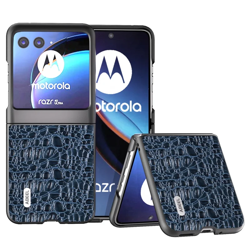 ABEEL For Motorola Razr 40 Ultra 5G Shockproof Back Cover Genuine Cow Leather+PC Phone Case - Blue
