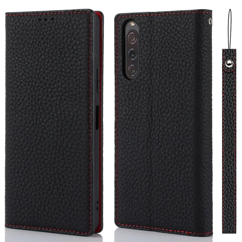 Flip Cover for Sony Xperia 10 V Litchi Texture Genuine Cow Leather Phone Case Stand Wallet with Strap - Black