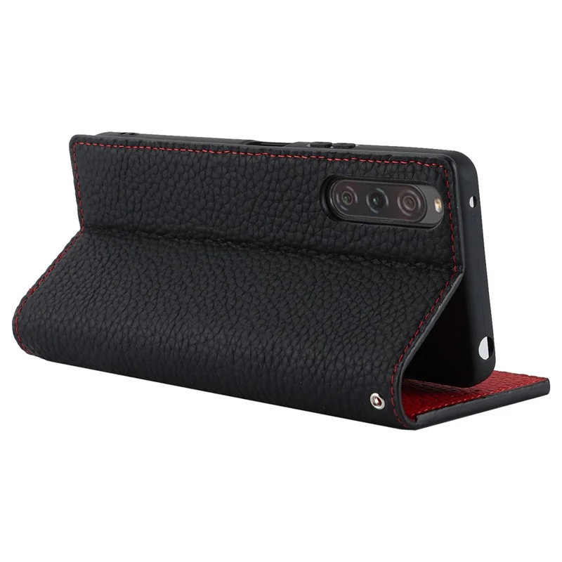 Flip Cover for Sony Xperia 10 V Litchi Texture Genuine Cow Leather Phone Case Stand Wallet with Strap - Black