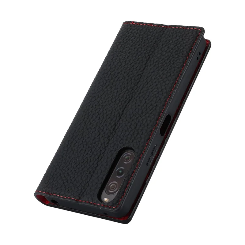 Flip Cover for Sony Xperia 10 V Litchi Texture Genuine Cow Leather Phone Case Stand Wallet with Strap - Black