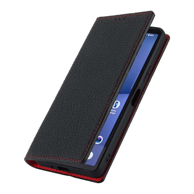 Flip Cover for Sony Xperia 10 V Litchi Texture Genuine Cow Leather Phone Case Stand Wallet with Strap - Black