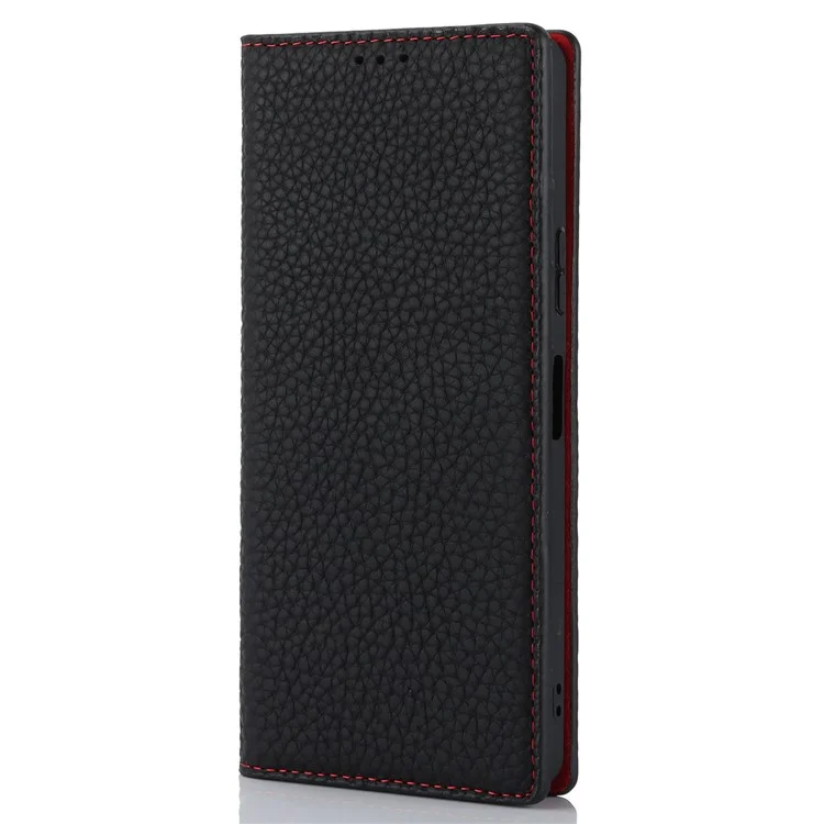 Flip Cover for Sony Xperia 10 V Litchi Texture Genuine Cow Leather Phone Case Stand Wallet with Strap - Black