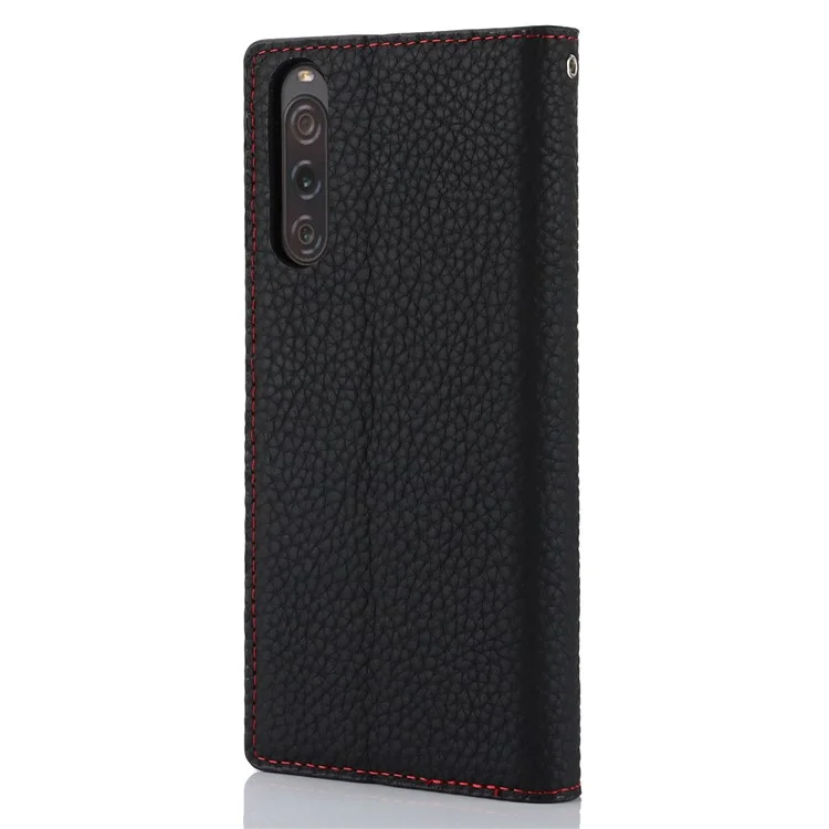 Flip Cover for Sony Xperia 10 V Litchi Texture Genuine Cow Leather Phone Case Stand Wallet with Strap - Black