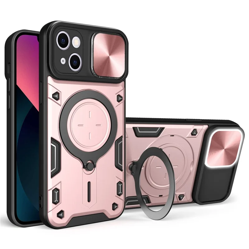 For iPhone 13 6.1 inch Slide Camera Guard Phone Case PC+TPU Drop-proof Cover with Rotating Kickstand - Pink