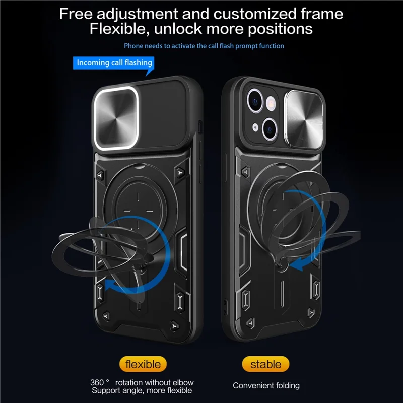 For iPhone 13 6.1 inch Slide Camera Guard Phone Case PC+TPU Drop-proof Cover with Rotating Kickstand - Pink